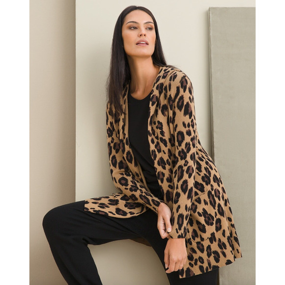 Chico's Leopard Print Long Cardigan Sweater Duster Pockets Front Knit Sz 0 Small - Picture 2 of 11